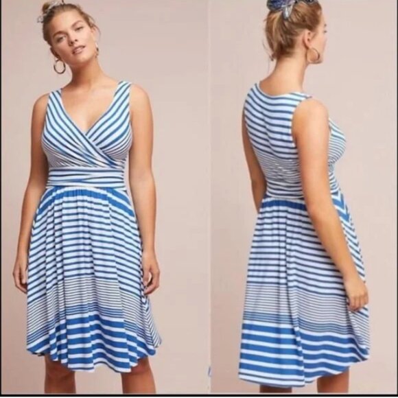Women Anthropologie Maeve Kythira Striped Dress in Blue White Size Large - Picture 1 of 8